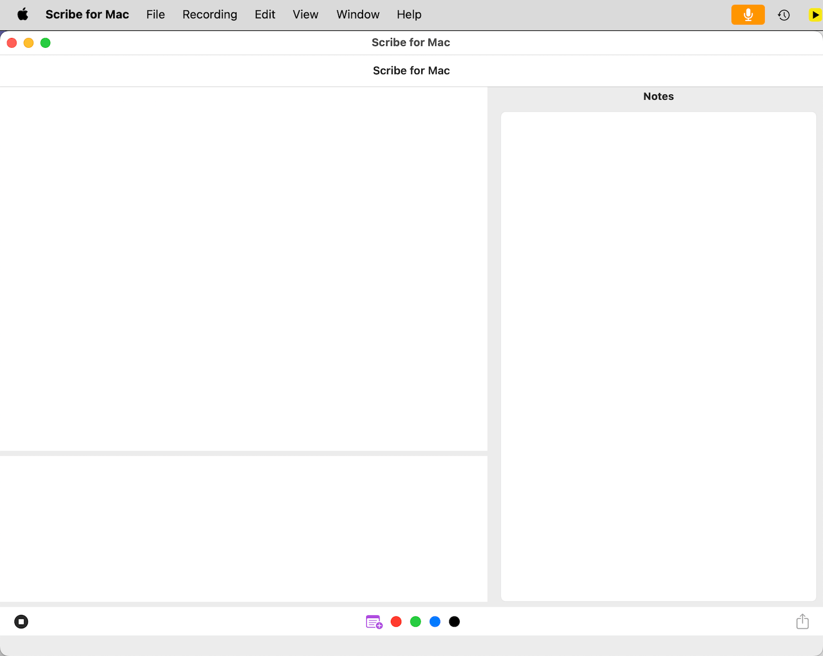 Scribe Main Interface showing live transcription